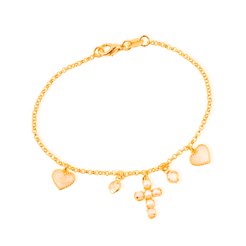 Pulseira-Dourada-24K-Religiosa-com-Cruz-de-Perolas-e-Coracao-Madreperola-Zarelle-1