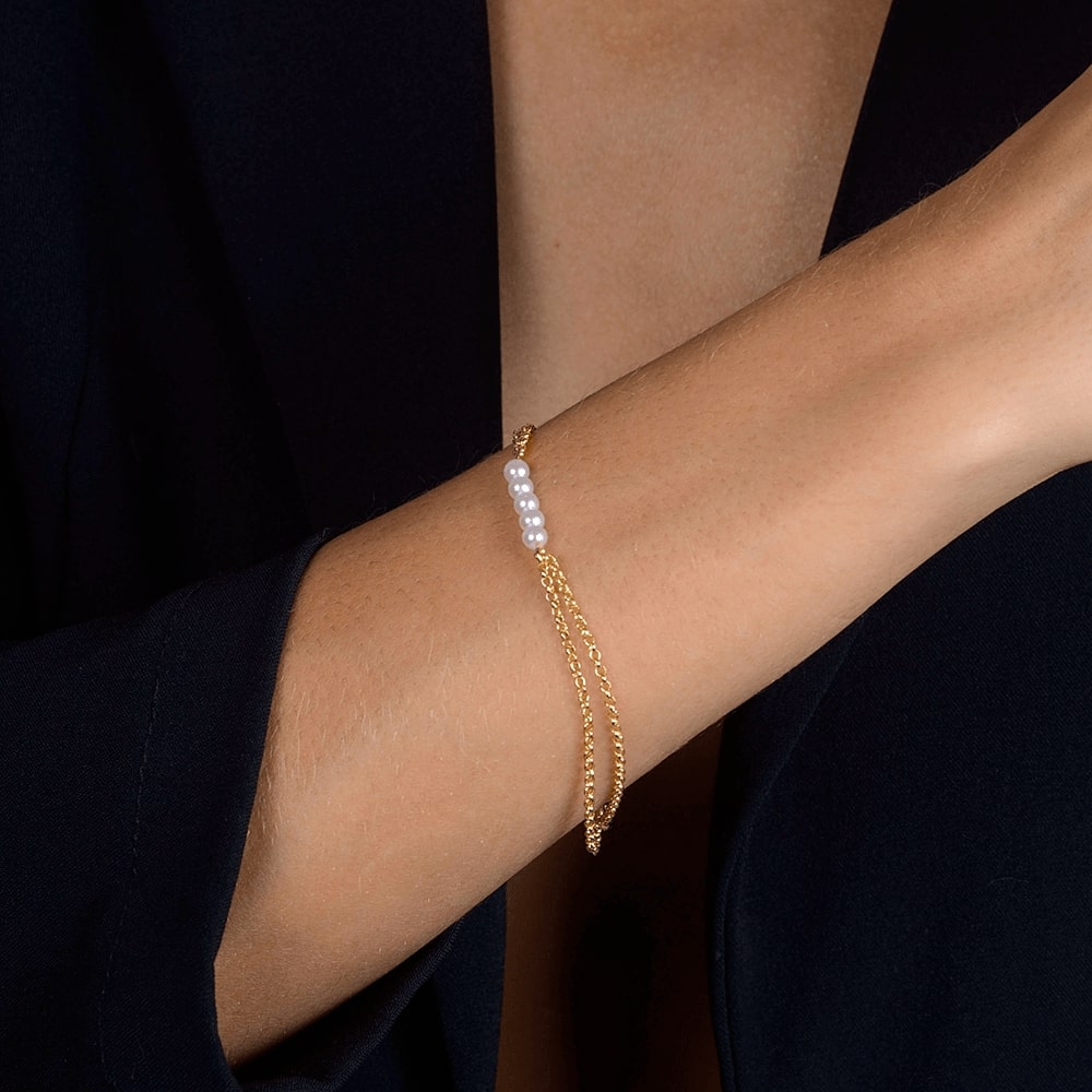Pulseira Dourada Dupla Elo Português com Pérolas - Galeria