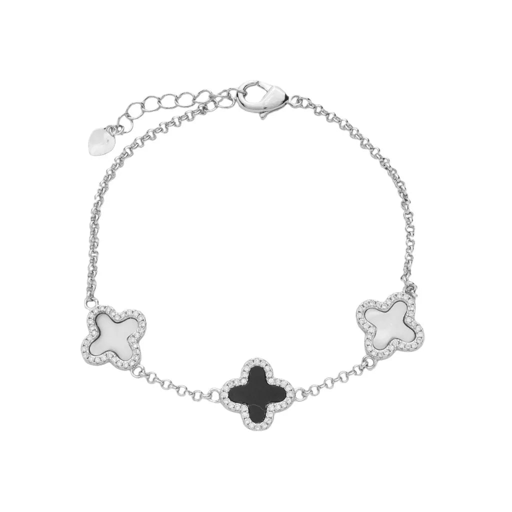 Pulseira-Prateada-24K-Trevos-Pretos-e-Brancos-com-Zirconias-Zarelle-1